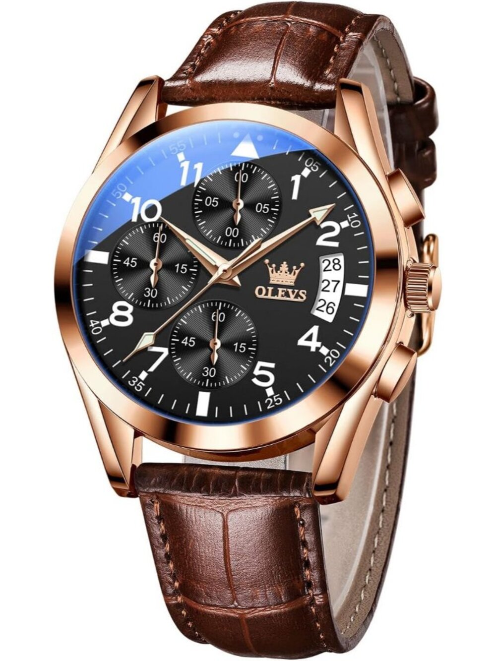 Men's Rose Gold Leather Chronograph Watch Big Face Waterproof Luminous Watch